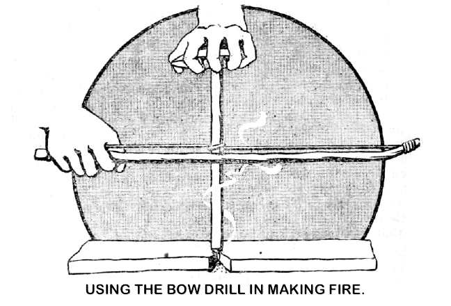 USING THE BOW DRILL IN MAKING FIRE.