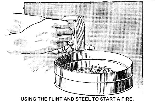 USING THE FLINT AND STEEL TO START A FIRE.